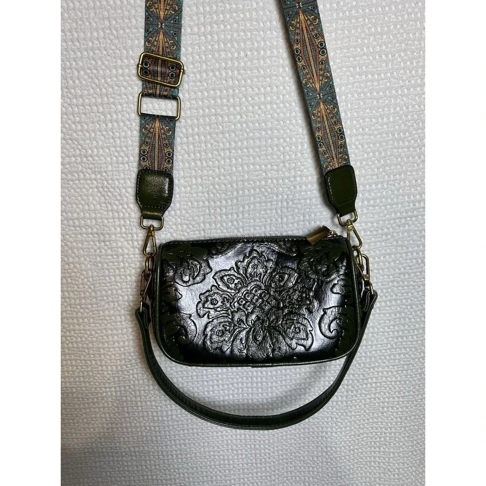 Green Embossed Floral Crossbody Shoulder Bag Removable Strap Boho Western Purse